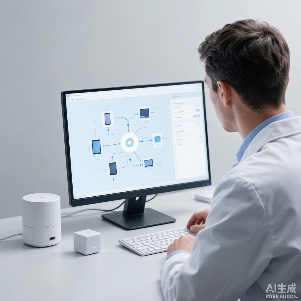 工程人员在工作台核对无线联网设备资料与文档